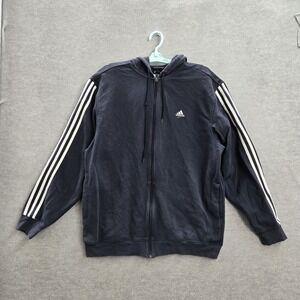 Adidas Men Hoodie L Blue Activewear Logo Zipper Stripe Long Sleeve